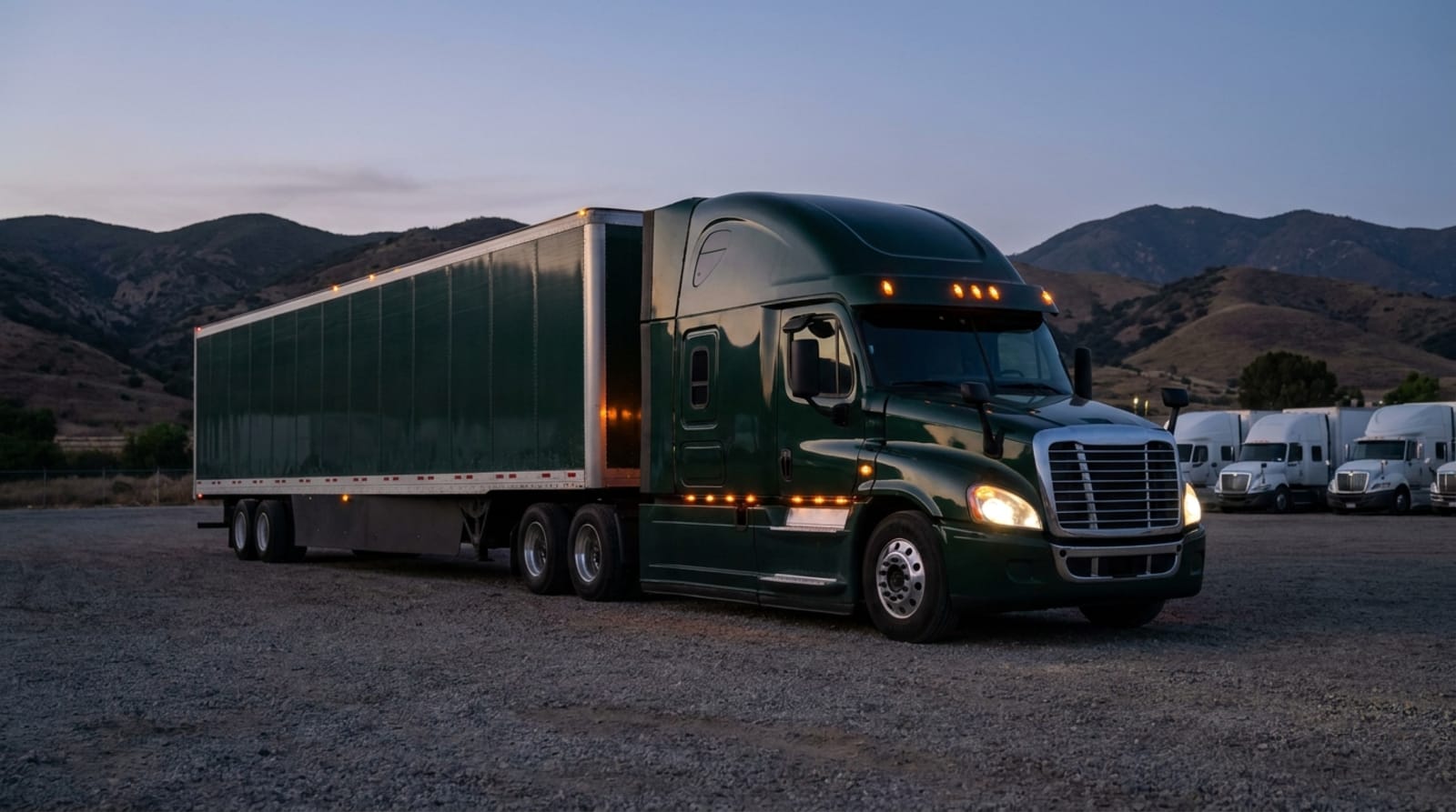 Green semi truck parked at a freight yard at dusk near Southern California hills
