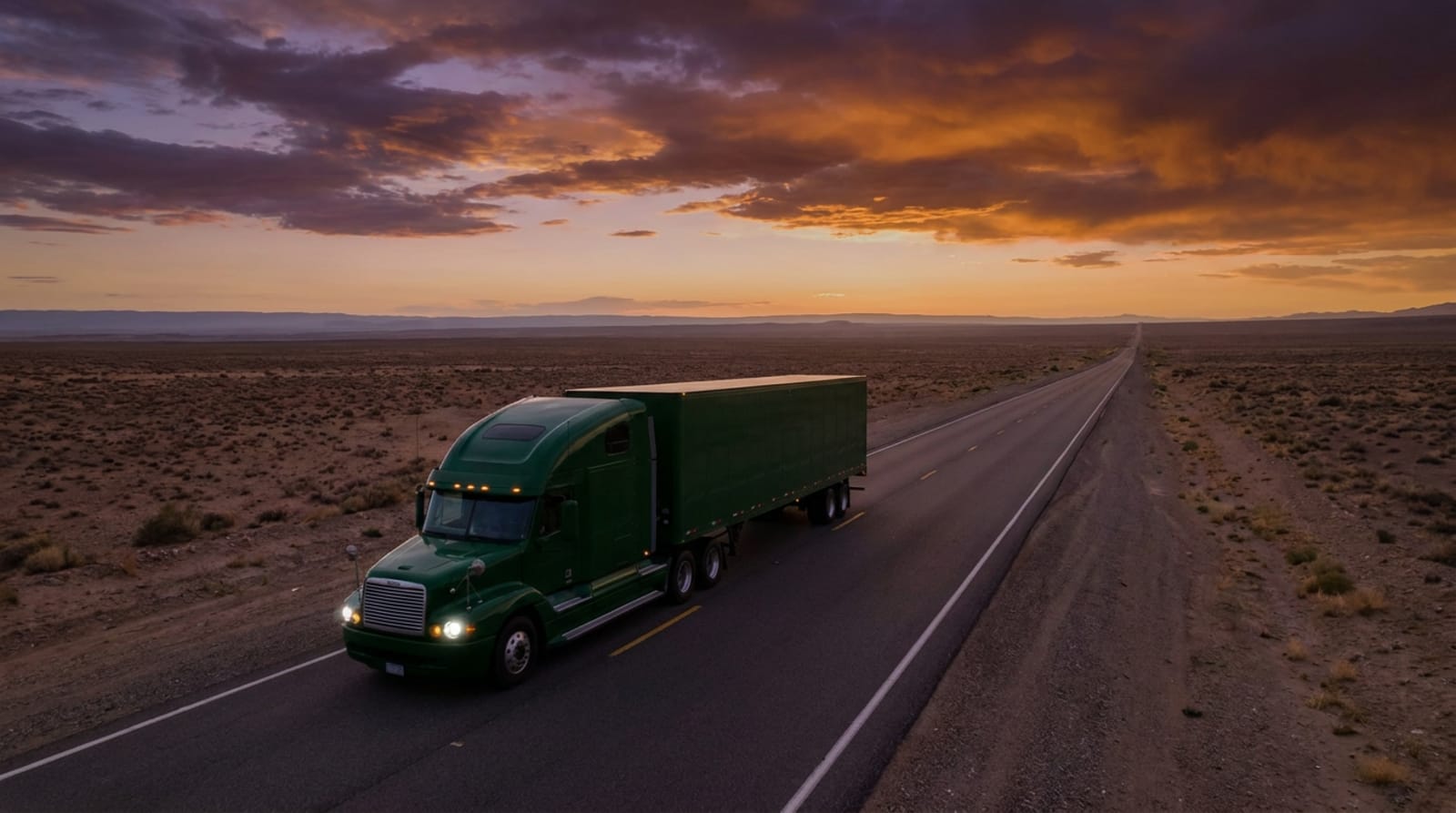 Green semi truck on an open desert highway at dusk