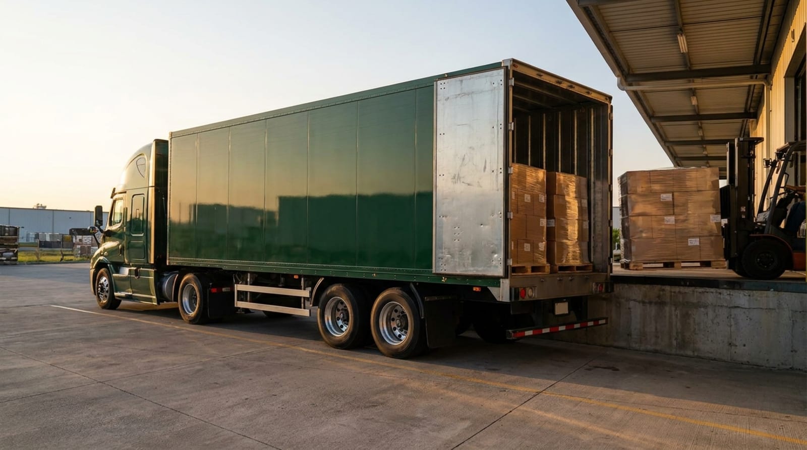 A dark green Green Lantern Trucking dry van truck with rear doors open showing palletized cargo
