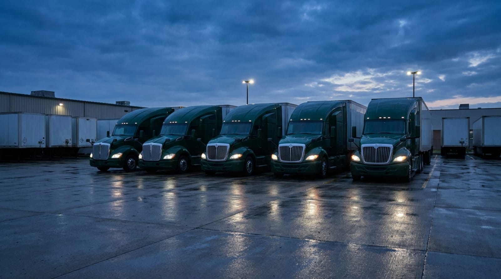 Lineup of Green Lantern Trucking green semi trucks at a depot