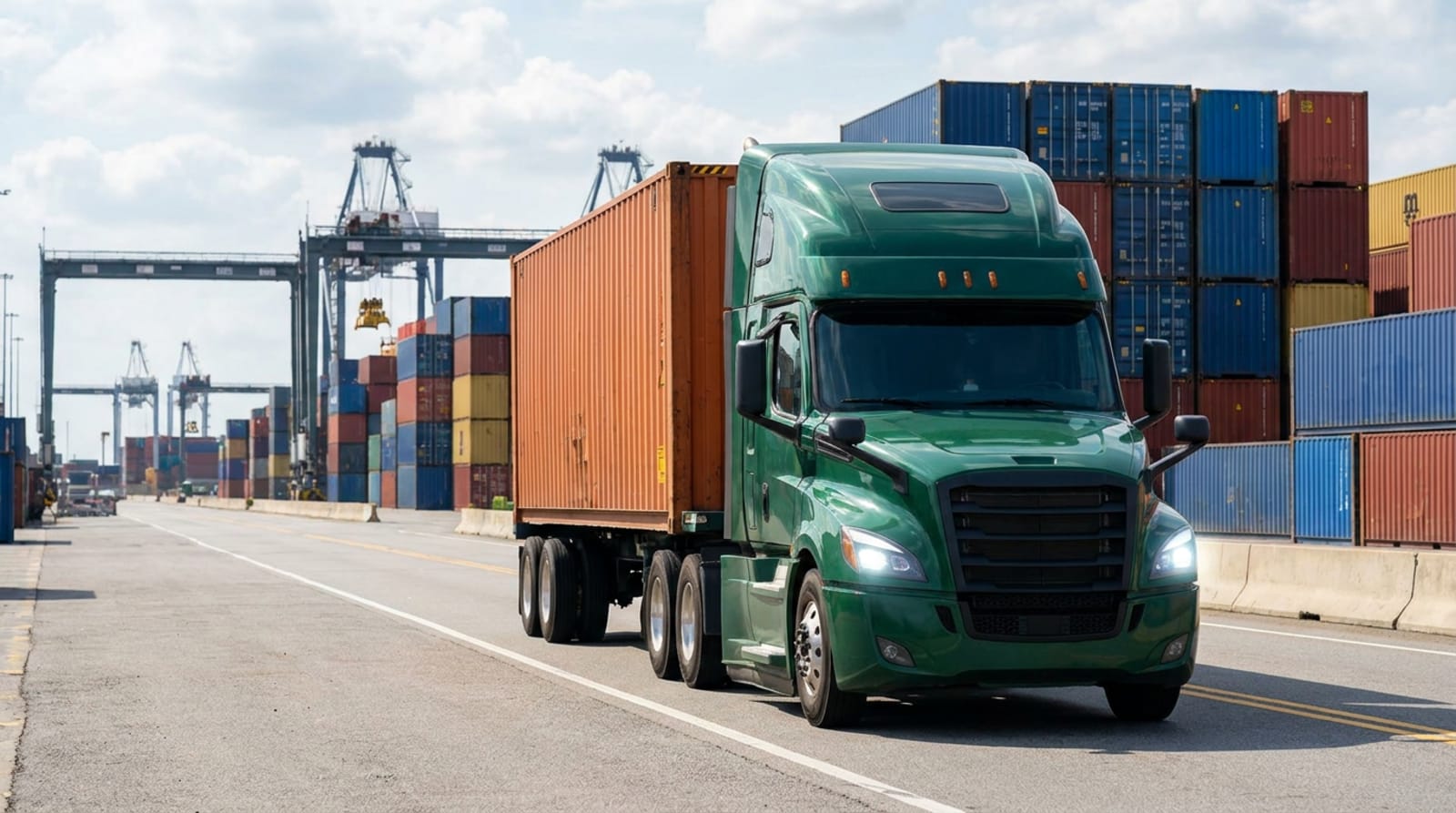 A dark green Green Lantern Trucking truck hauling a shipping container from a port container yard