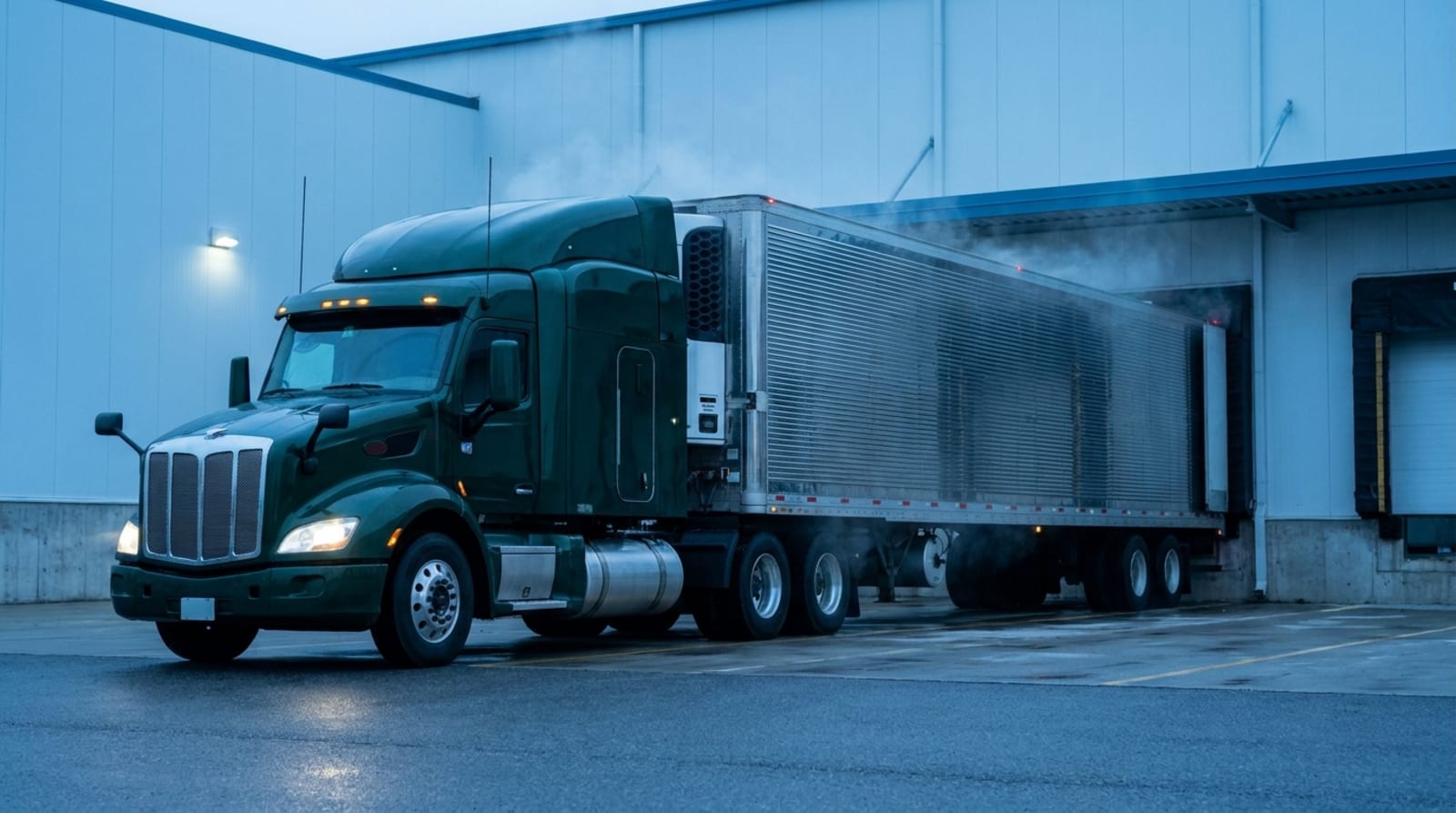 A dark green Green Lantern Trucking refrigerated reefer truck at a cold-storage dock
