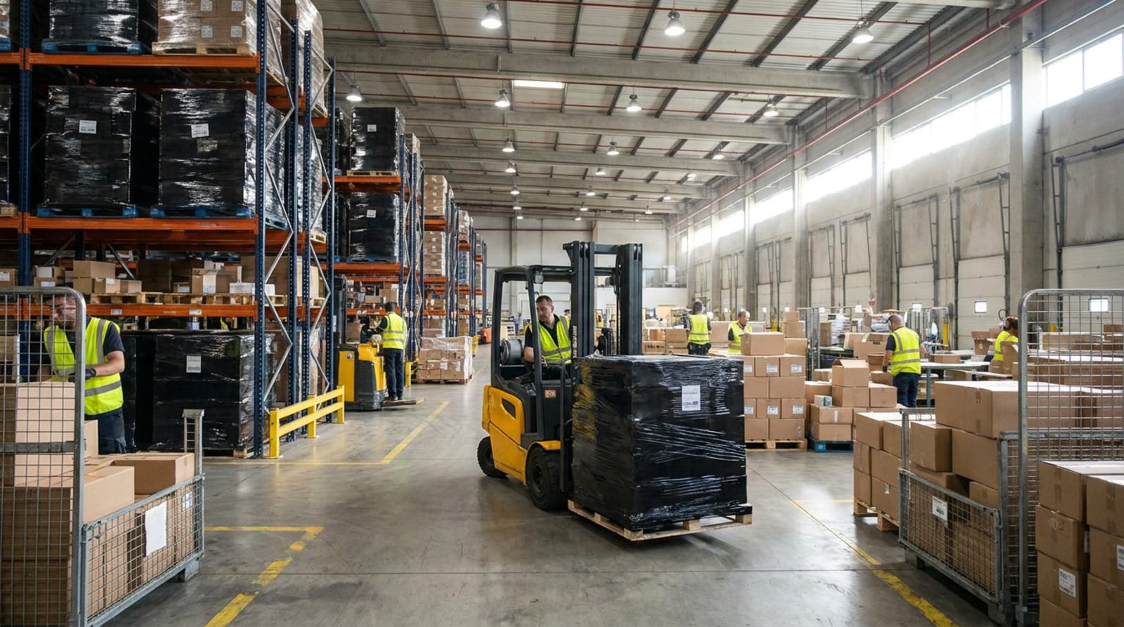 Palletized freight shrink-wrapped and staged in a warehouse for pickup